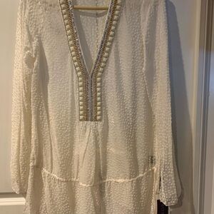 NWT! Hale Bob Cream silk Embellished Tunic with Long Sleeves